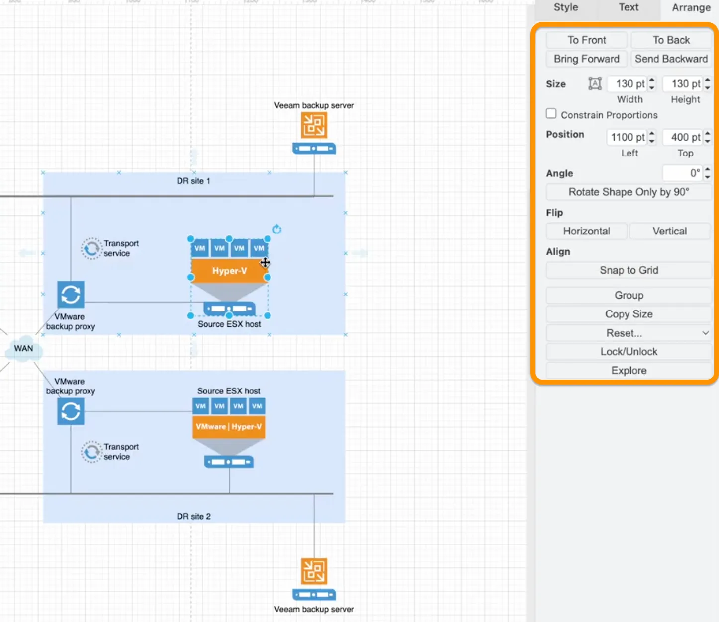 Der Anordnen-Tab in draw.io