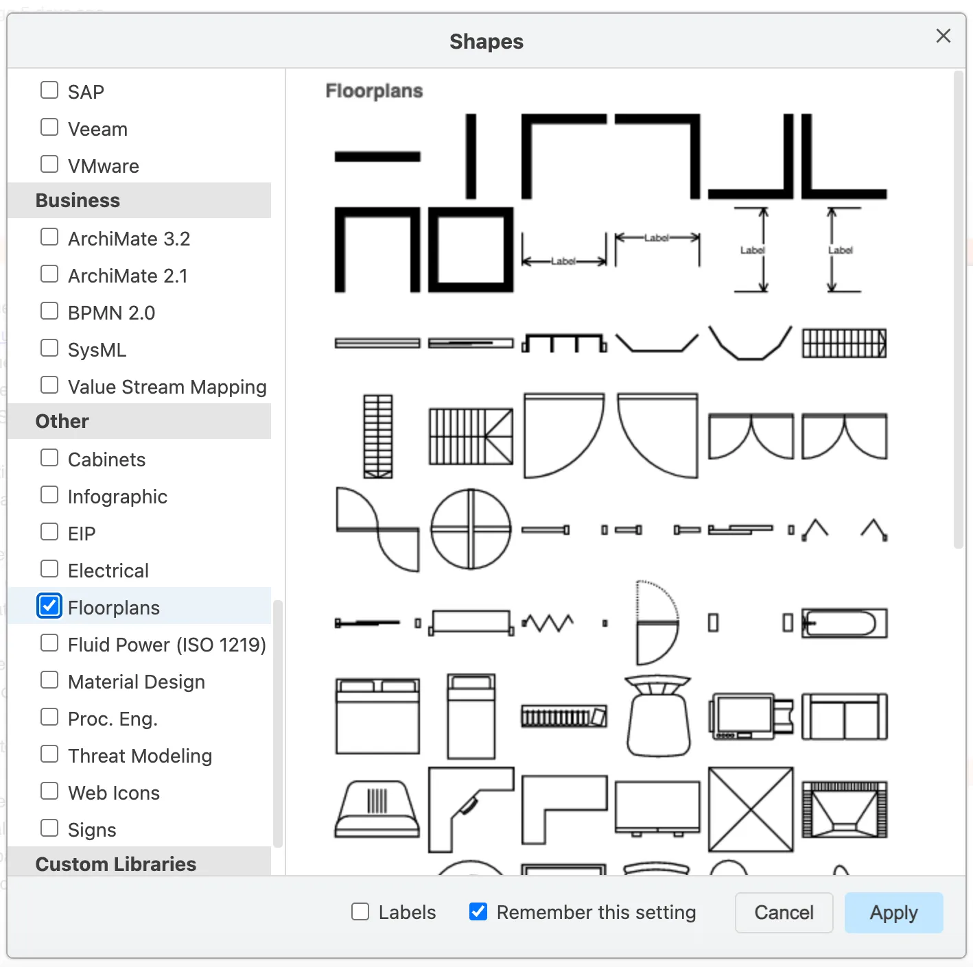 drawio more shapes library floorplans