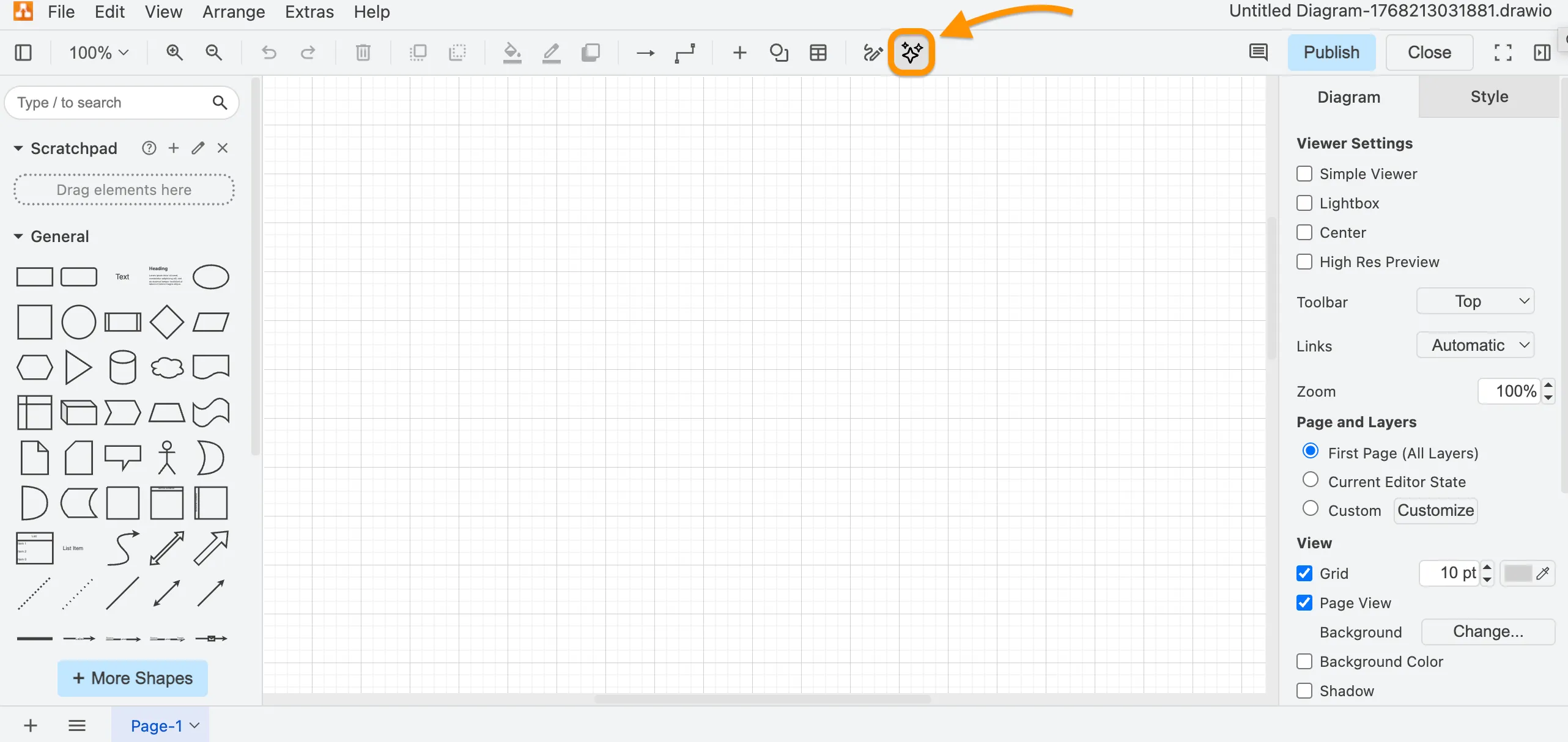 Der Sparkle-Button in der draw.io-Toolbar