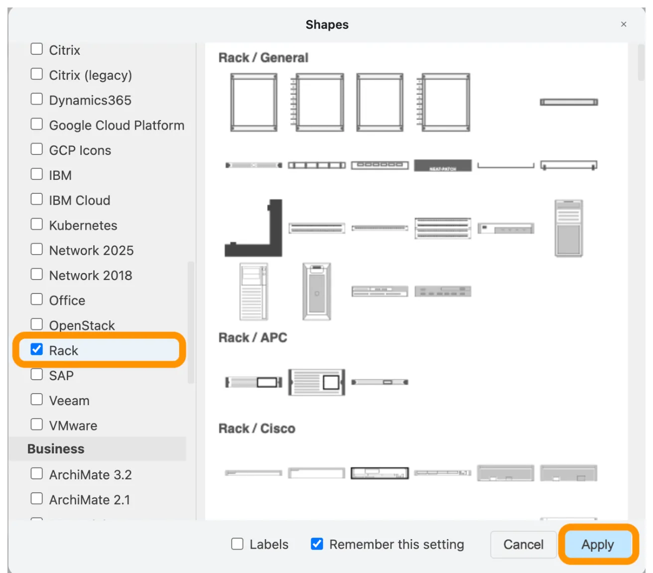 Rack-Shape-Bibliotheken in draw.io aktivieren