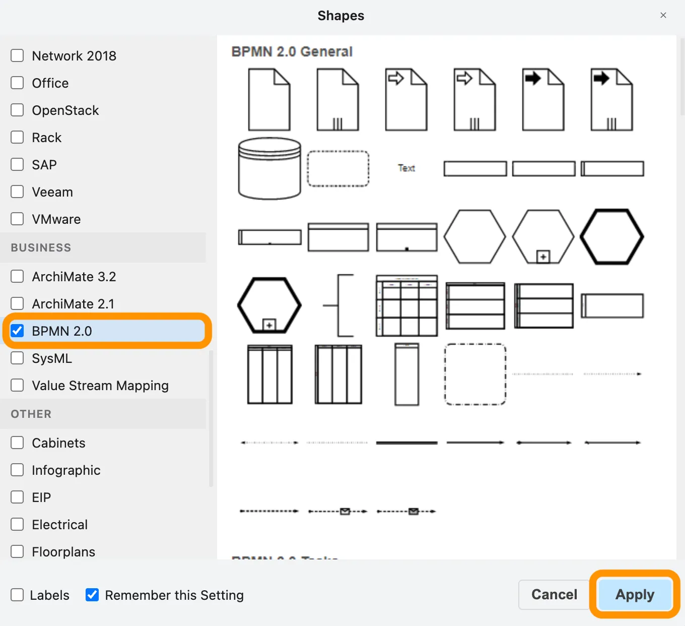 BPMN 2.0 Shape-Bibliothek in draw.io