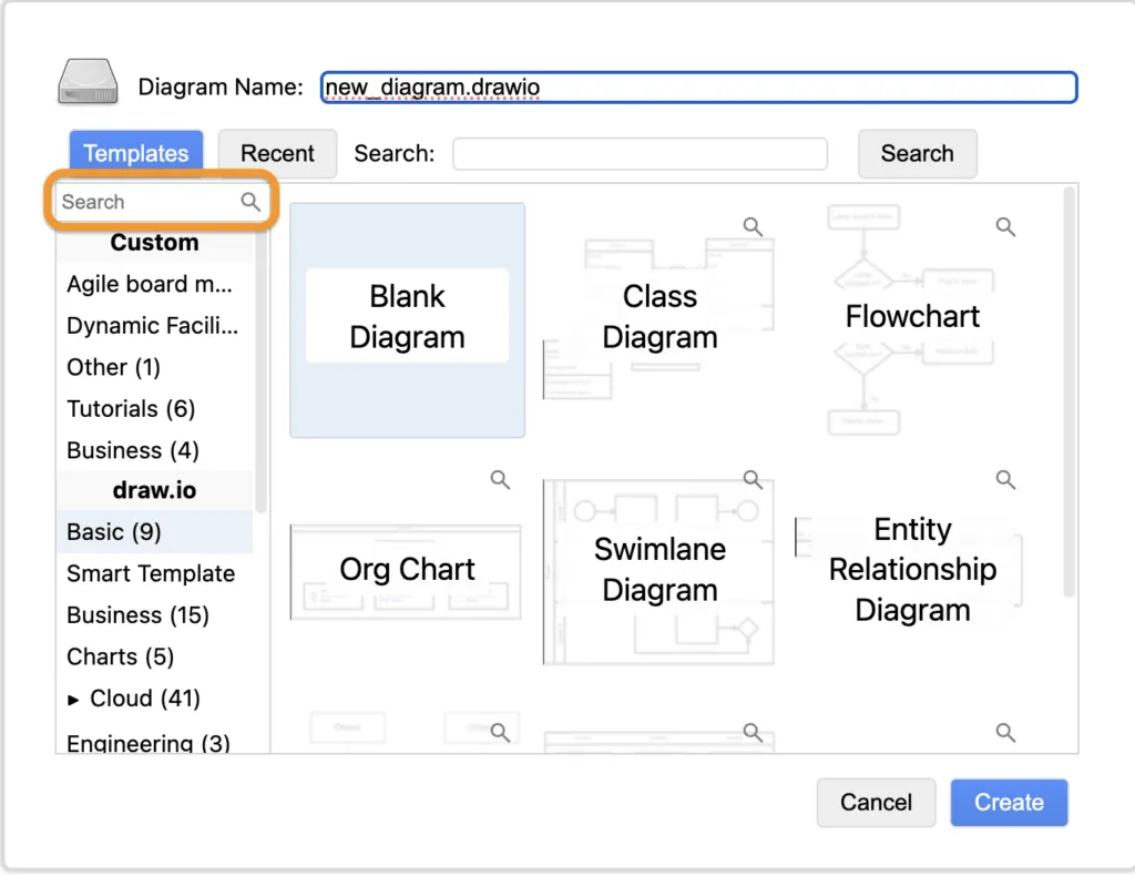 Abb. 2: Remote-Zusammenarbeit mit draw.io - im Template-Manager kannst du nach Vorlagen stöbern oder über die Suchleiste nach einem bestimmten Diagrammtyp suchen
