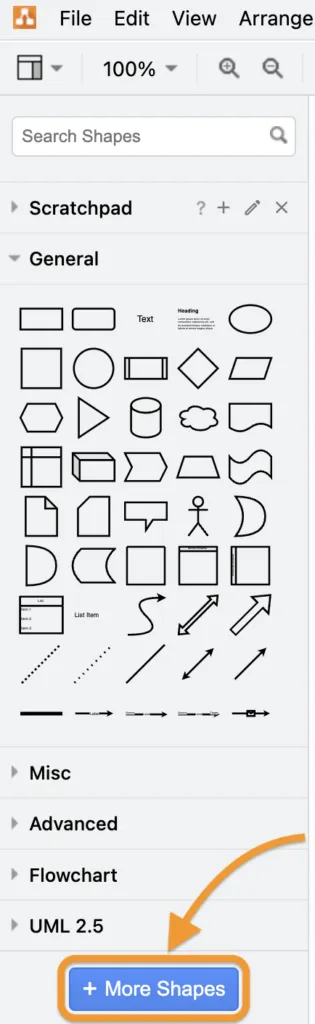 Abb. 3: Wenn keine der angezeigten Formen passt, kannst du über den Button + Mehr Shapes weitere Formen in draw.io anzeigen lassen