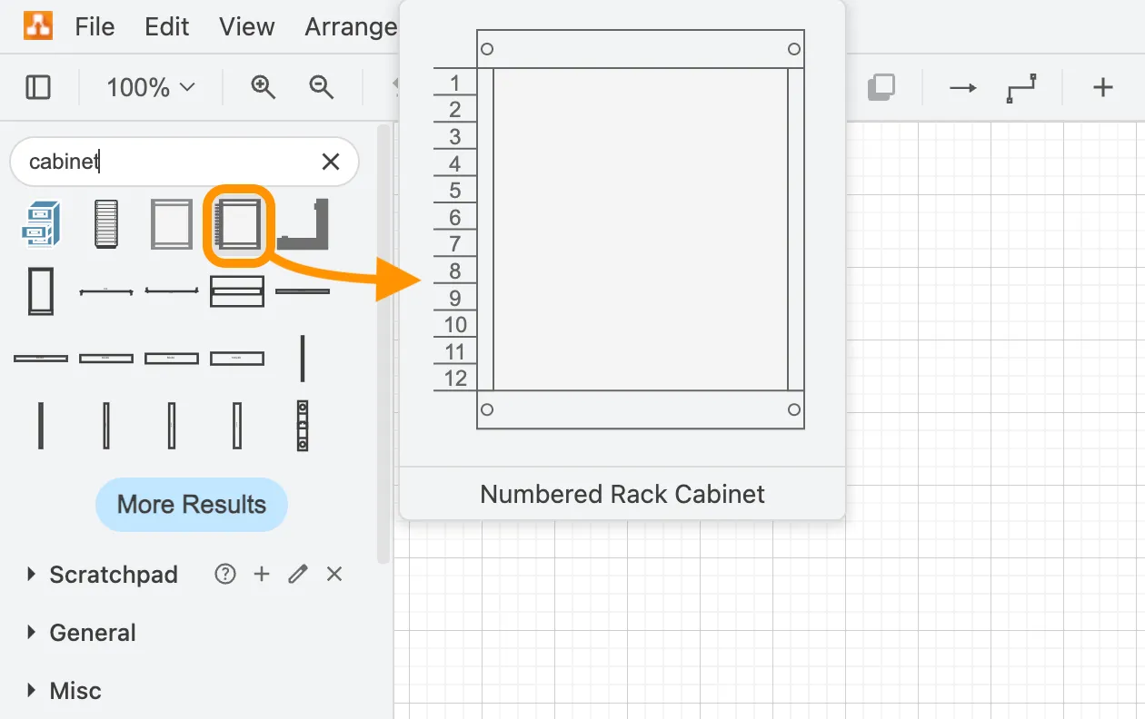 Schrank-Shapes in draw.io suchen und auswählen