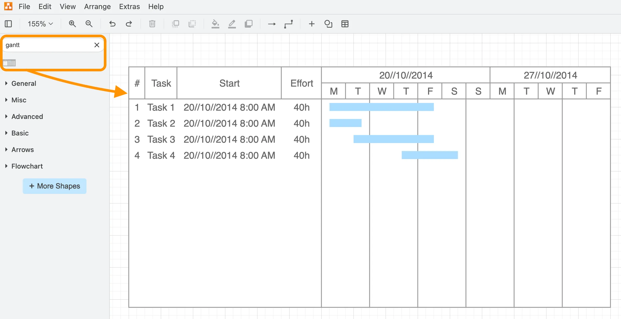 drawio gantt chart container shape