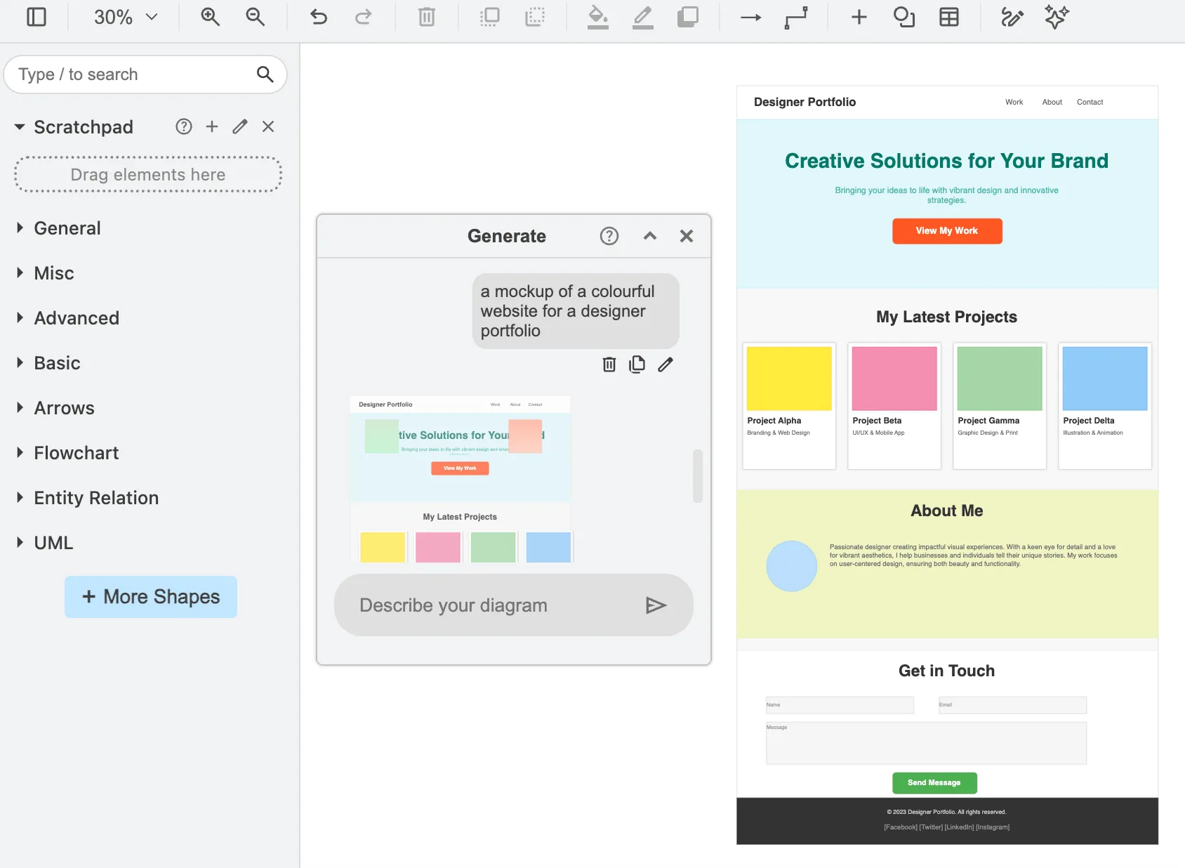 Ein Website-Mockup, erstellt mit dem Generate-Tool