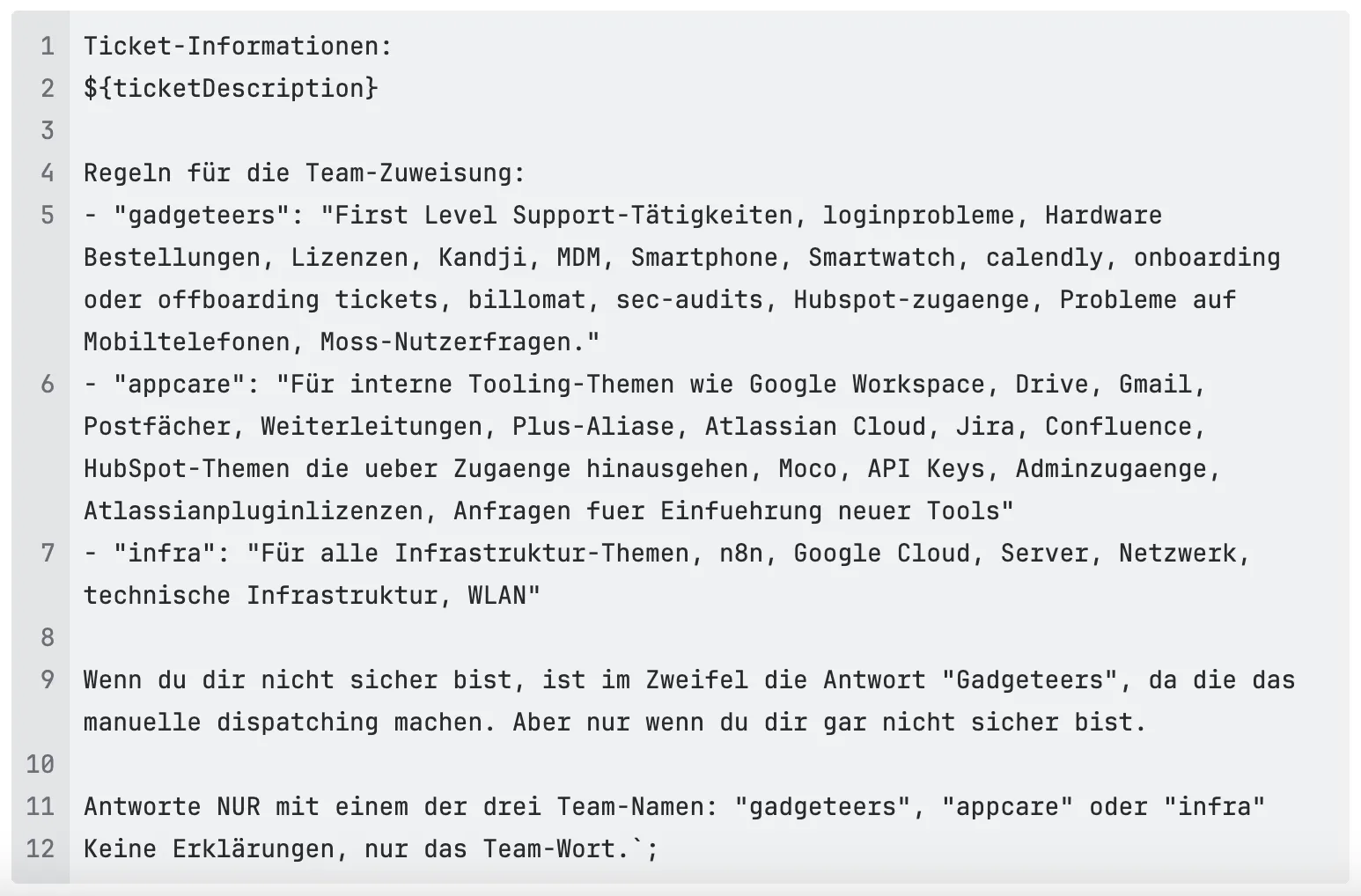 Prompt-Beispiel in Google Apps Script für Gemini: Regeln zur automatischen Team-Zuweisung in Jira.