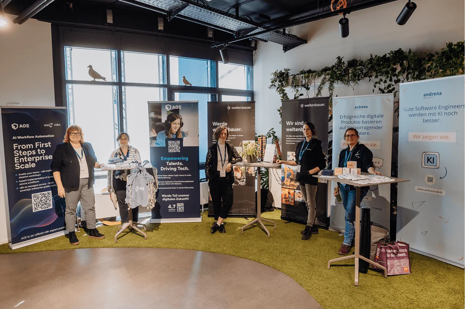 Sponsoren der Women in Tech Night 2026: Andrena Objects, AOE, KEGON und Weltenbauer