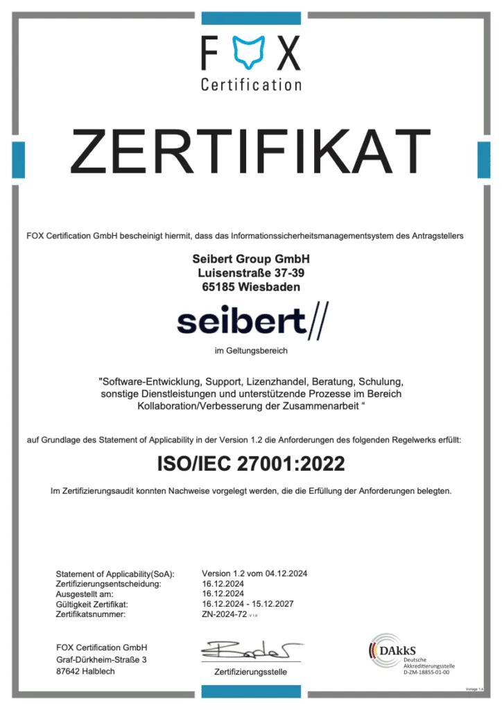 ISO-27001-Zertifikat für das ISMS der Seibert Group GmbH