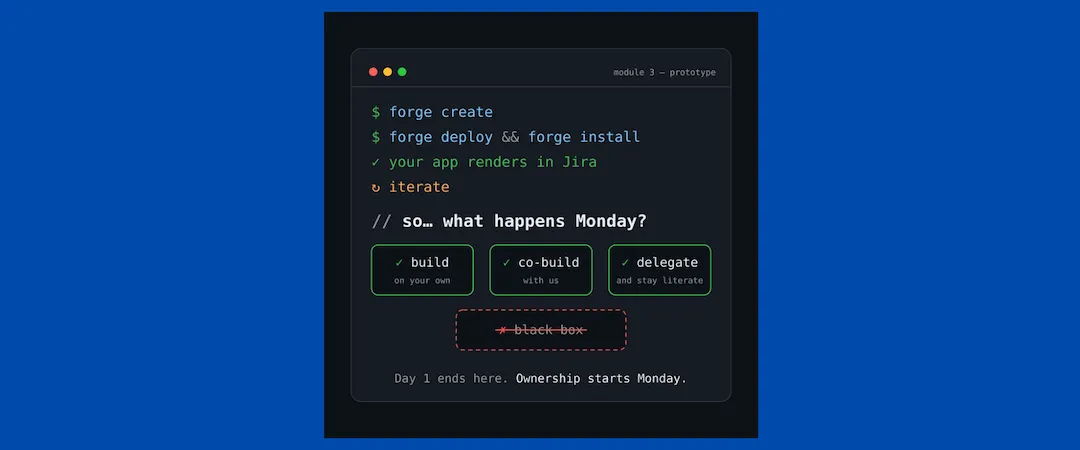 Terminal-Ansicht einer Forge-App-Bereitstellung mit der Frage: Was passiert am Montag?