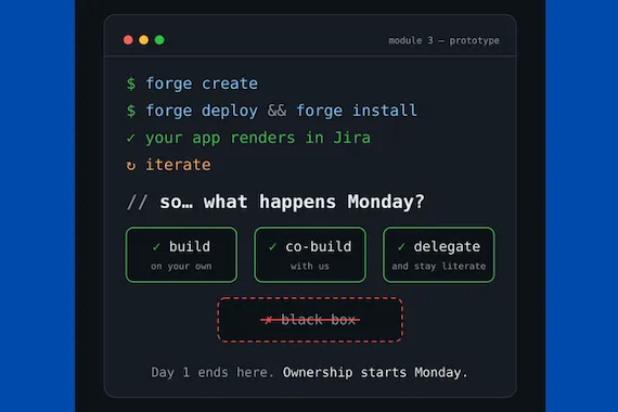 Terminal-Ansicht einer Forge-App-Bereitstellung mit der Frage: Was passiert am Montag?