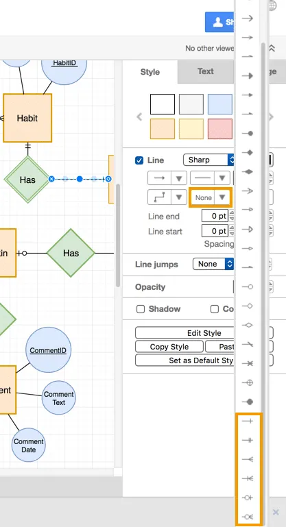 Abb. 10 ER-Diagramme in draw.io: Verschiedene Darstelllungsoptionen für Konnektoren