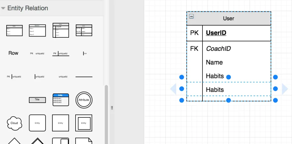 Abb. 13: ER-Diagramme in draw.io: Neue Zeile bei den Attributen einfügen