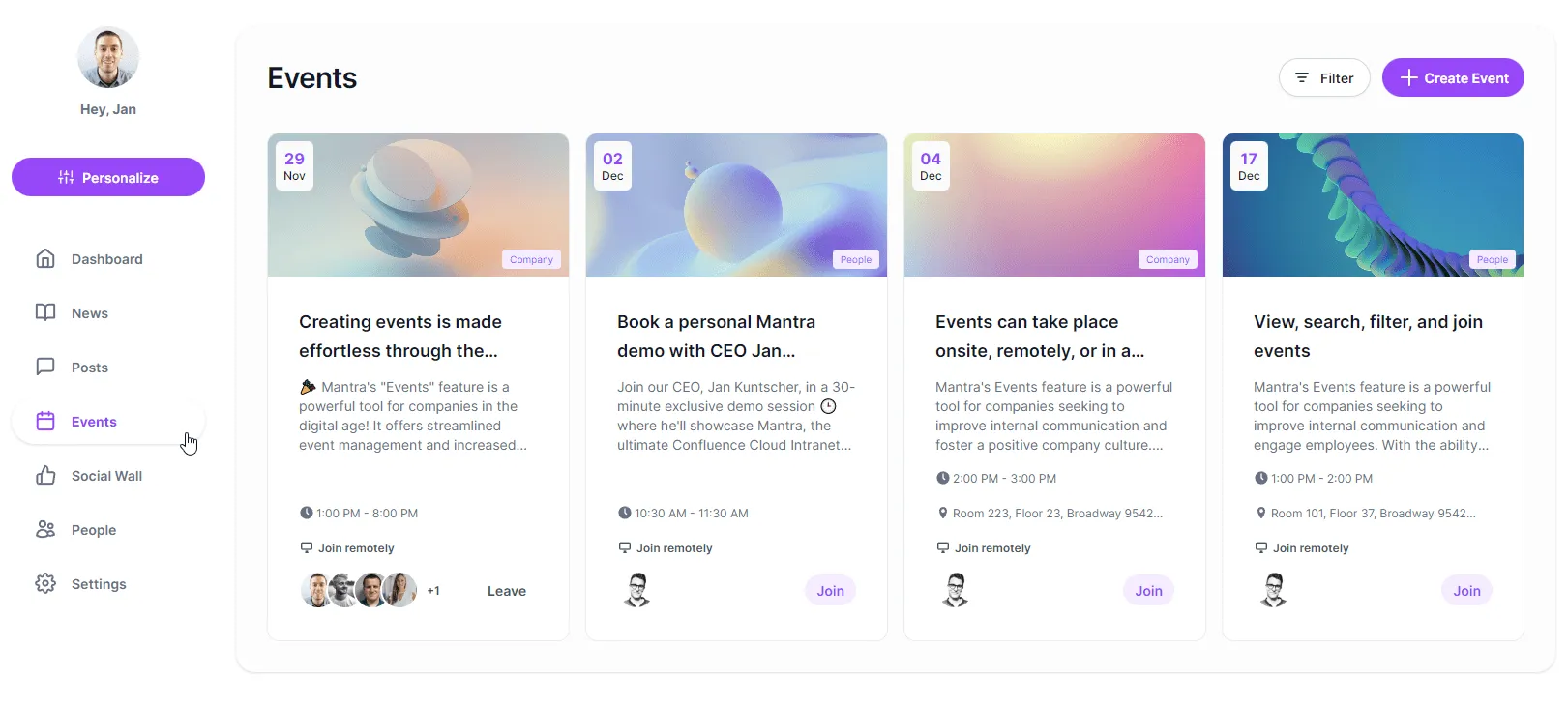 Modernes Intranet - Screenshot der Events-Ansicht in Mantra