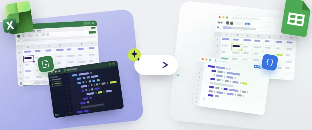 Excel-Tabelle mit VBA-Code-Editor wandelt sich zu einem Google Sheet mit Apps Script — visuelles Symbol für die KI-gestützte Migration vom Microsoft- zum Google-Ökosystem.