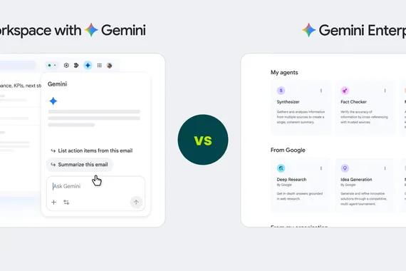 Split-Screen mit Gemini in Google Workspace links und der Gemini-Enterprise-App rechts. Zwei komplementäre AI-Ebenen für den Mittelstand.