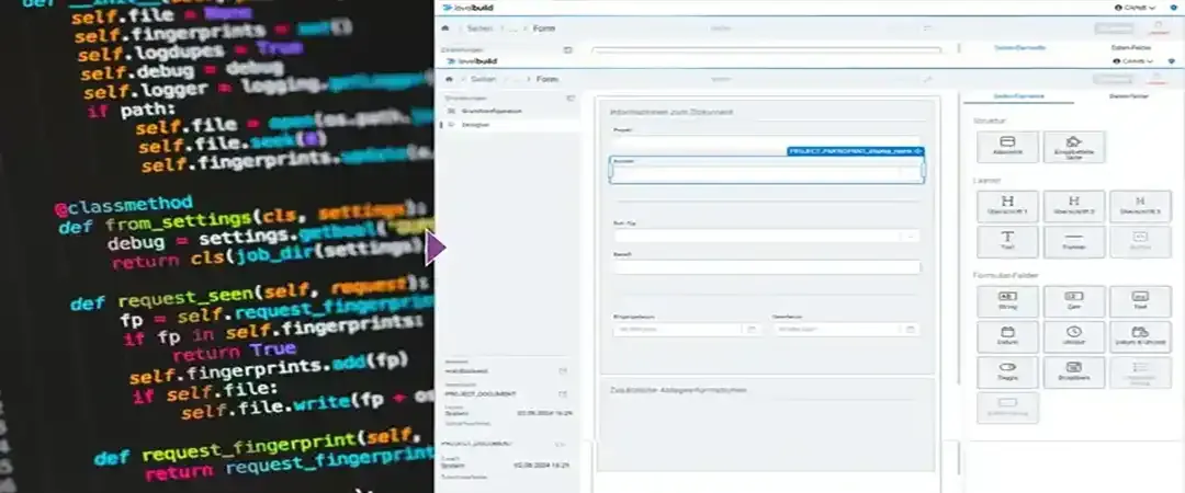 Gegenüberstellung von komplexem Programmiercode links und dem visuellen Formular-Editor der levelbuild Plattform rechts.