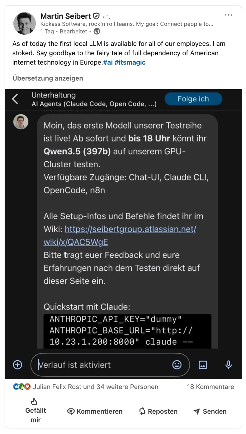 Martin Seiberts LinkedIn-Post zum Self-Hosted LLM Test