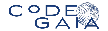 Das Logo von Code Gaia. Der Text 'CODE GAIA' in Dunkelblau, wobei das 'A' in GAIA durch eine stilisierte, blau umrandete Weltkugel ersetzt ist.