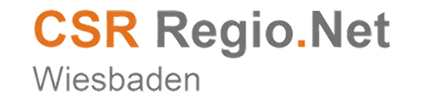 Das Logo von CSR Regio.Net Wiesbaden. Der Text 'CSR Regio.Net' mit 'CSR' in Orange und 'Wiesbaden' darunter in Grau.