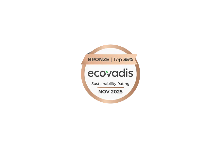 Das EcoVadis Sustainability Rating Logo in Bronze. Ein runder Stempel mit der Inschrift 'BRONZE | Top 35%' und 'EcoVadis Sustainability Rating JUN 2024'.