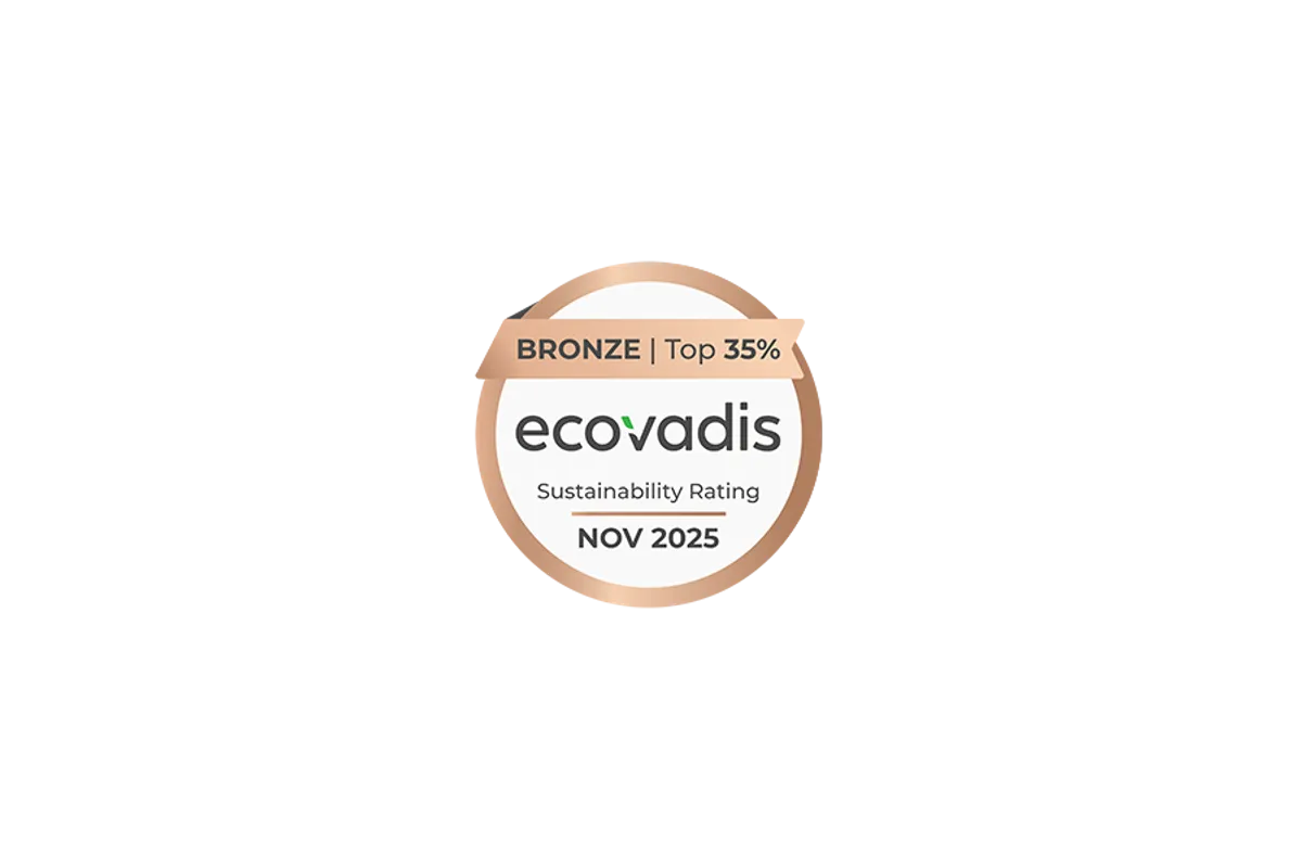 Das EcoVadis Sustainability Rating Logo in Bronze. Ein runder Stempel mit der Inschrift 'BRONZE | Top 35%' und 'EcoVadis Sustainability Rating JUN 2024'.