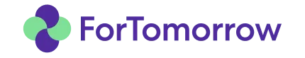 Das Logo von ForTomorrow. Es zeigt den Schriftzug 'ForTomorrow' in Lila neben einem grafischen Element aus vier überlappenden, kreisförmigen Blättern in Grün und Lila.