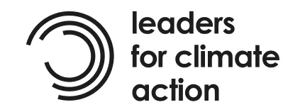 Das Logo von Leaders for Climate Action. Es zeigt den Text 'leaders for climate action' in Schwarz neben einem grafischen Element aus drei konzentrischen Halbkreisen.
