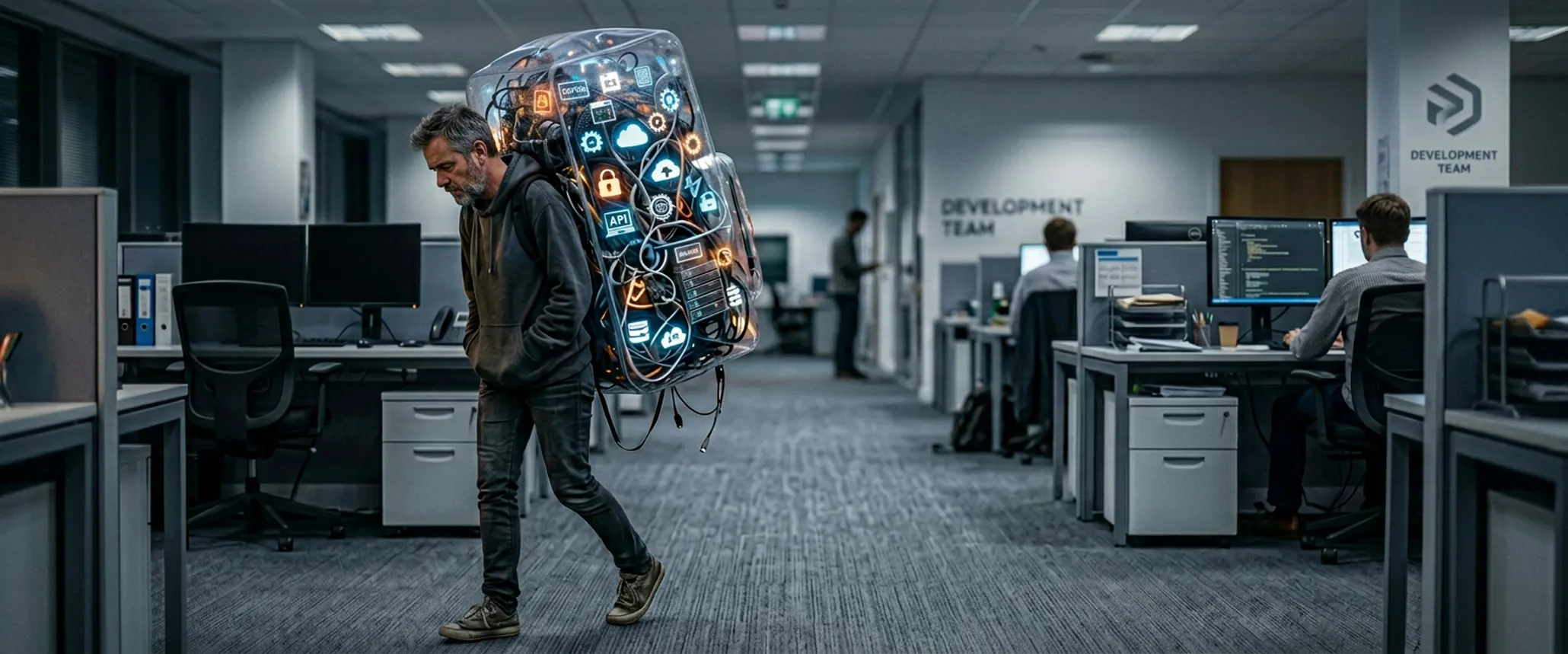 Person mit transparentem Rucksack voller Server, Kabel und Lizenz-Symbole. Visuelles Symbol für versteckte IT-Kosten im Mittelstand.