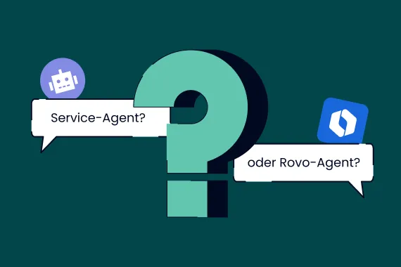 Ein großes Fragezeichen zwischen zwei Sprechblasen: „Service-Agent?“ und „oder Rovo-Agent?“